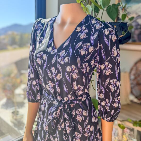 White House Black Market, Purple & Black Iris Floral Dress Tie Waist Women’s 00 - Picture 5 of 11